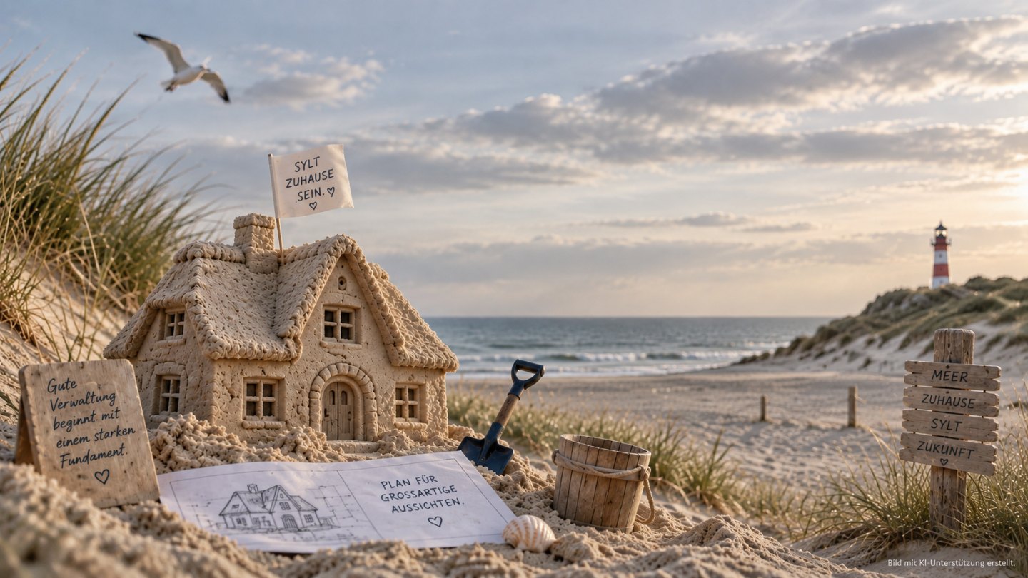 Ein aus Sand gebautes Haus in den Dünen am Sylter Strand, daneben Schaufel, Eimer und ein Bauplan im Sand.
